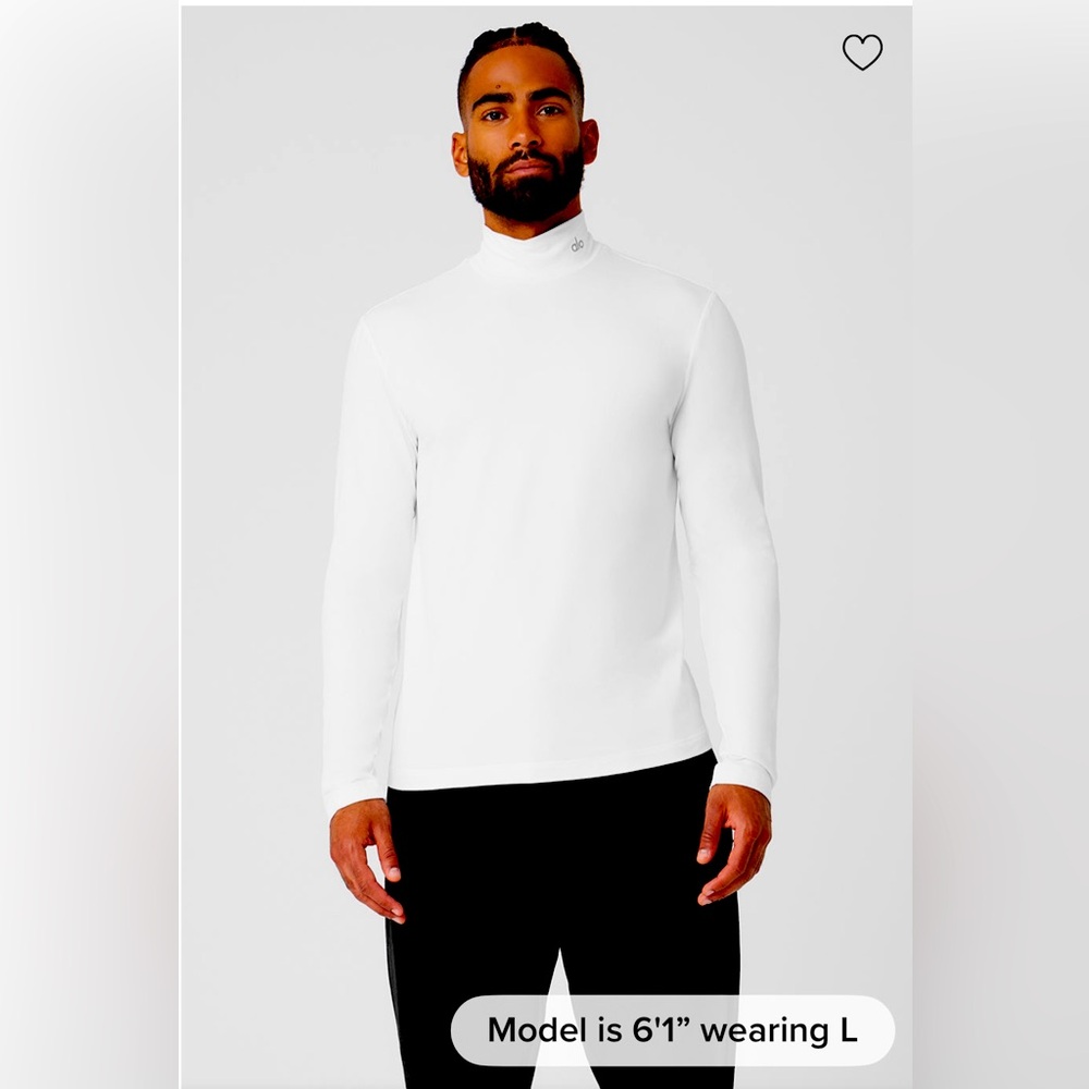 Alo men’s long sleeve, white mock neck, athletic top.